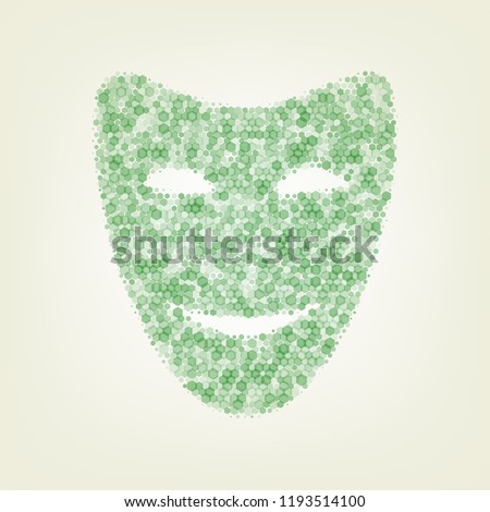 Comedy theatrical masks. Vector. Green hexagon rastered icon and noised opacity and size at light green background with central light.