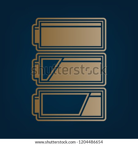 Set of battery charge level indicators. Vector. Golden icon and border at dark cyan background.