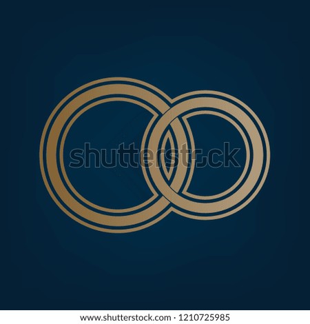 Wedding rings sign. Vector. Golden icon and border at dark cyan background.