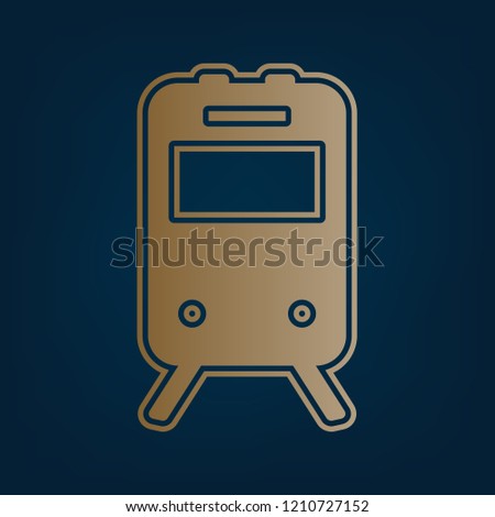 Train sign. Vector. Golden icon and border at dark cyan background.