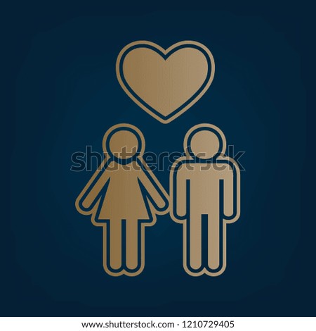 Family symbol with heart. Husband and wife are kept each other's hands. Love. Vector. Golden icon and border at dark cyan background.