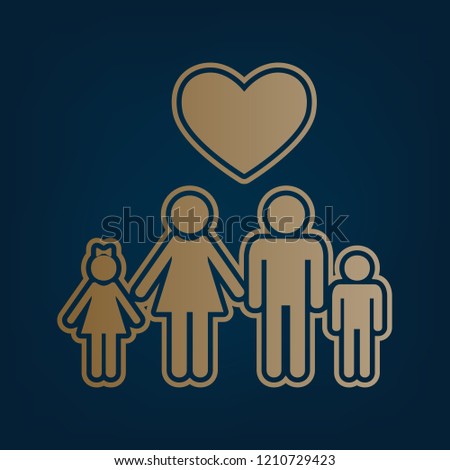 Family symbol with heart. Husband and wife are kept children's hands. Love. Vector. Golden icon and border at dark cyan background.