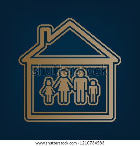 Family sign illustration. Vector. Golden icon and border at dark cyan background.