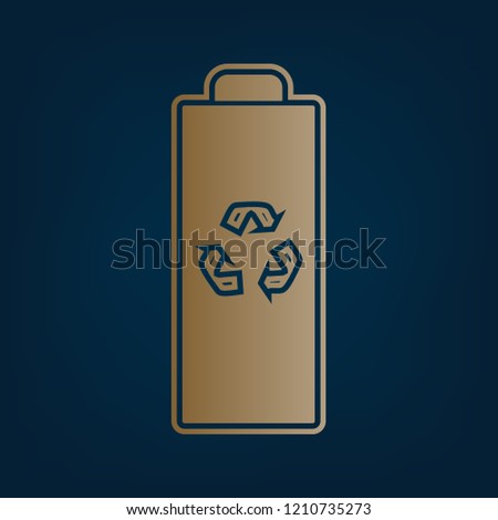 Battery recycle sign illustration. Vector. Golden icon and border at dark cyan background.