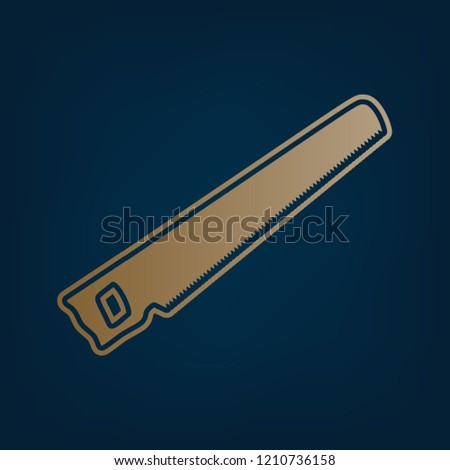 Saw simple sign. Vector. Golden icon and border at dark cyan background.