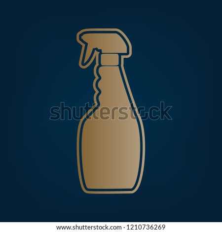 Plastic bottle for cleaning. Vector. Golden icon and border at dark cyan background.