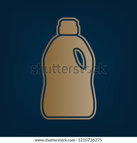 Plastic bottle for cleaning. Vector. Golden icon and border at dark cyan background.