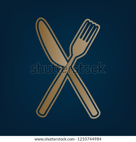 Fork and Knife sign. Vector. Golden icon and border at dark cyan background.