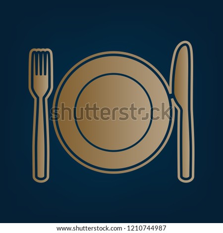 Fork, Knife and Plate sign. Vector. Golden icon and border at dark cyan background.