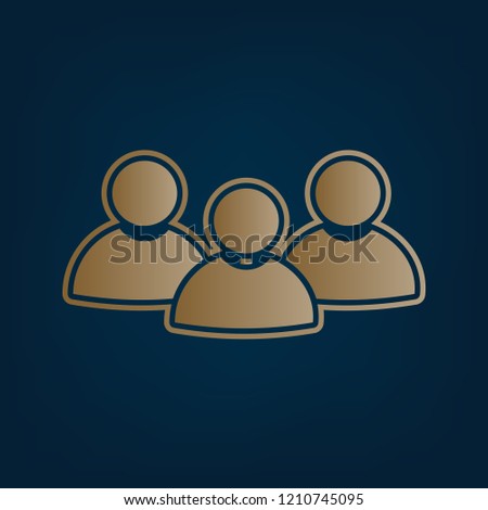 Team work sign. Vector. Golden icon and border at dark cyan background.