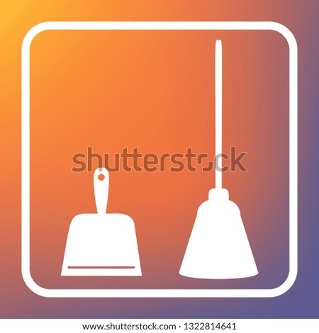 Dustpan sign. Scoop for cleaning garbage housework dustpan equipment. Vector. White icon on transparent button at orange-violet gradient background.