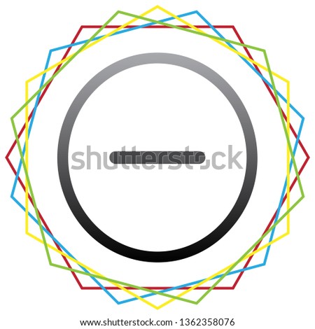 Negative symbol illustration. Minus sign. Vector. Black icon with patch of light inside colorful hexagonal frames at white background.