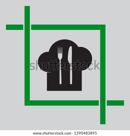 Chef hat and spoon, fork, knife sign. Black icon inside green crop tool at light gray background