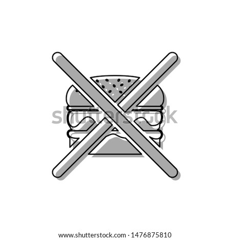 No burger sign. Black line icon with gray shifted flat filled icon on white background. Illustration.