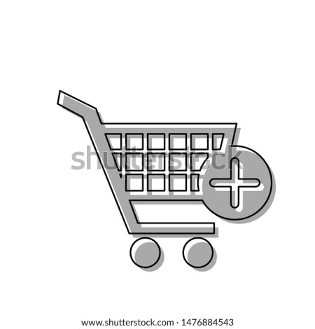 Shopping Cart with add Mark sign. Black line icon with gray shifted flat filled icon on white background. Illustration.