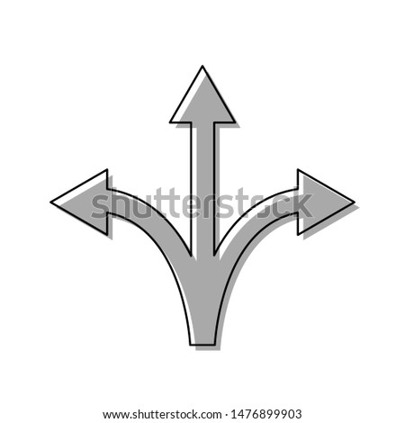 Three-way direction arrow sign. Black line icon with gray shifted flat filled icon on white background. Illustration.