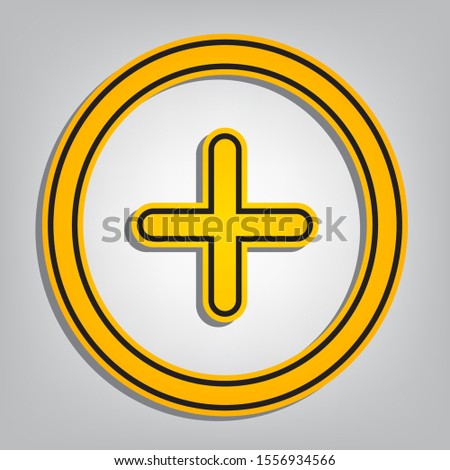 Positive symbol plus sign. Flat orange icon with overlapping linear black icon with gray shadow at whitish background. Illustration.