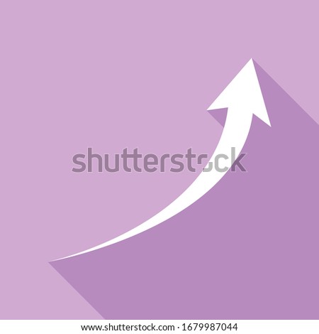 Growing arrow sign. White Icon with long shadow at purple background. Illustration.