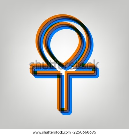 Ankh symbol, egyptian word for life, symbol of immortality. Stroked Icon in orange, azure and old lavender Colors at gray Background. Illustration.