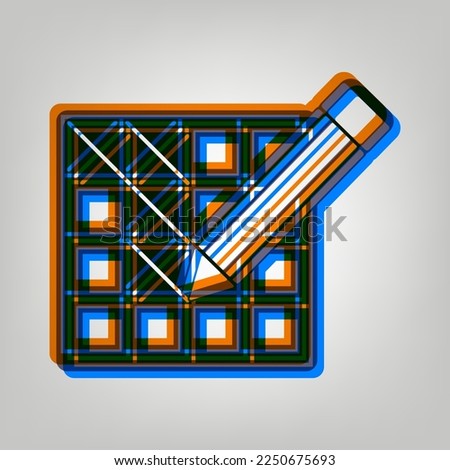 Crossword with pencil sign. Stroked Icon in orange, azure and old lavender Colors at gray Background. Illustration.