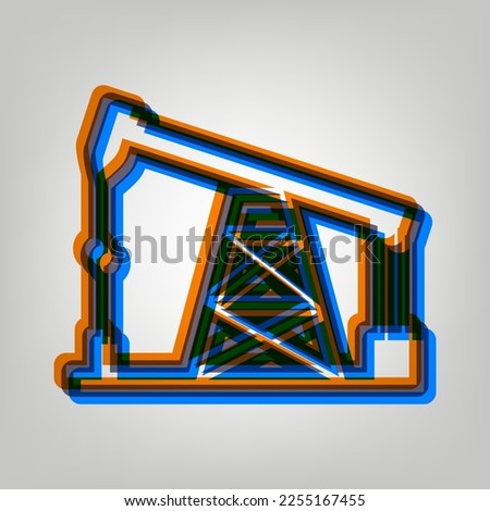 Oil drilling rig sign. Stroked Icon in orange, azure and old lavender Colors at gray Background. Illustration.
