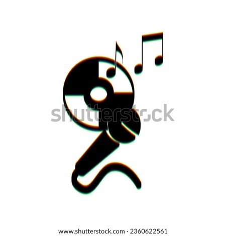 Compact disk with music notes and microphone sign. Black Icon with vertical effect of color edge aberration at white background. Illustration.