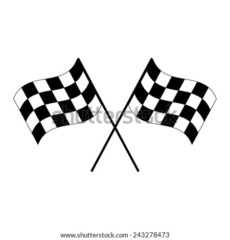 Crossed black and white checkered flags logo waving in the wind conceptual of motor sport, isolated on white