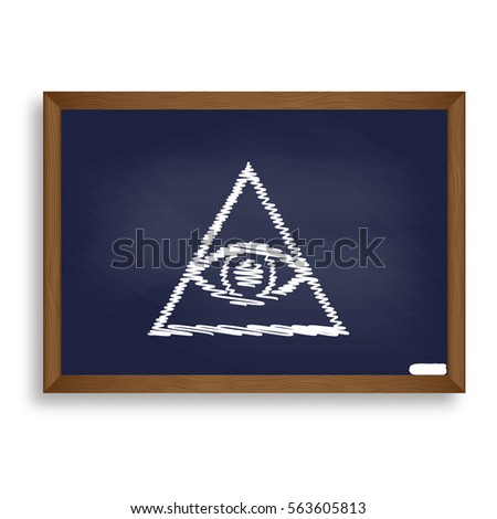 All seeing eye pyramid symbol. Freemason and spiritual. White chalk icon on blue school board with shadow as background. Isolated.