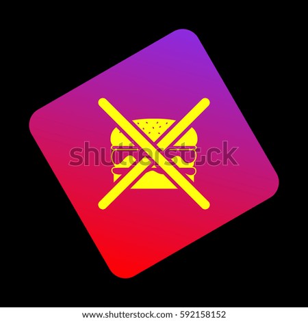 No burger sign. Vector. Yellow icon at violet-red gradient square with rounded corners rotated for dynamics on black background.