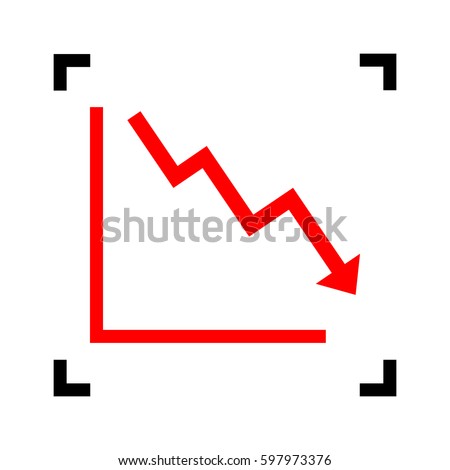 Arrow pointing downwards showing crisis. Vector. Red icon inside black focus corners on white background. Isolated.