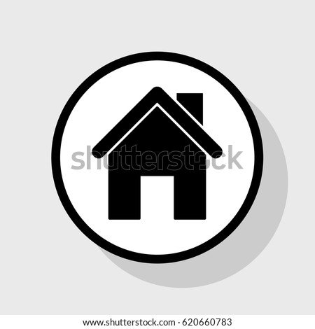 Home silhouette illustration. Vector. Flat black icon in white circle with shadow at gray background.