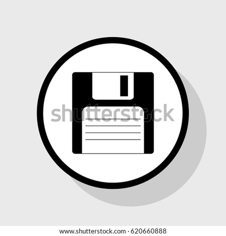 Floppy disk sign. Vector. Flat black icon in white circle with shadow at gray background.