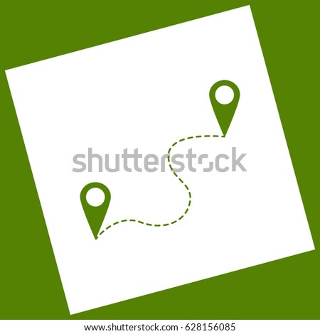 Location pin navigation map, gps sign. Vector. White icon obtained as a result of subtraction rotated square and path. Avocado background.