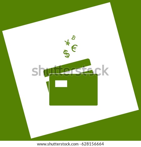 Credit cards sign with currency symbols. Vector. White icon obtained as a result of subtraction rotated square and path. Avocado background.