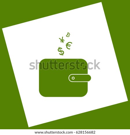 Wallet sign with currency symbols. Vector. White icon obtained as a result of subtraction rotated square and path. Avocado background.