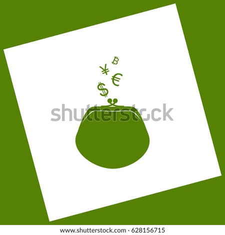 Wallet sign with currency symbols. Vector. White icon obtained as a result of subtraction rotated square and path. Avocado background.