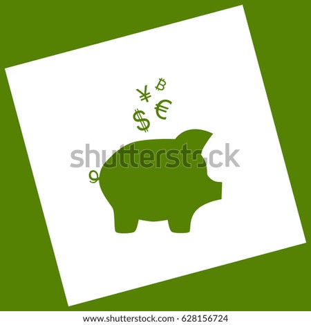 Piggy bank sign with the currencies. Vector. White icon obtained as a result of subtraction rotated square and path. Avocado background.