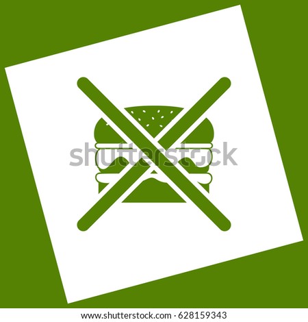 No burger sign. Vector. White icon obtained as a result of subtraction rotated square and path. Avocado background.