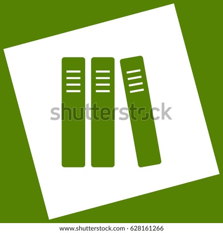 Row of binders, office folders icon. Vector. White icon obtained as a result of subtraction rotated square and path. Avocado background.