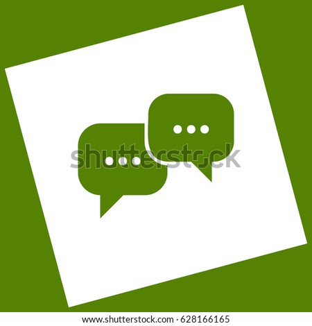 Speech bubbles sign. Vector. White icon obtained as a result of subtraction rotated square and path. Avocado background.