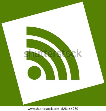 RSS sign illustration. Vector. White icon obtained as a result of subtraction rotated square and path. Avocado background.