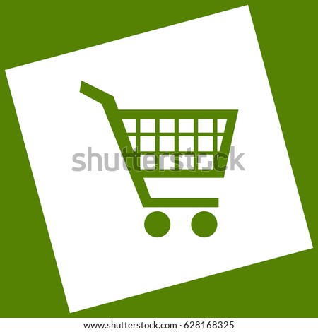 Shopping cart sign. Vector. White icon obtained as a result of subtraction rotated square and path. Avocado background.