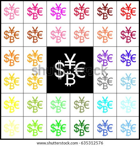 Currency sign collection dollar, euro, bitcoin, yen. Vector. Felt-pen 33 colorful icons at white and black backgrounds. Colorfull.