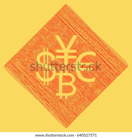 Currency sign collection dollar, euro, bitcoin, yen. Vector. Red scribble icon obtained as a result of subtraction rhomb and path. Royal yellow background.