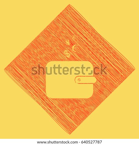 Wallet sign with currency symbols. Vector. Red scribble icon obtained as a result of subtraction rhomb and path. Royal yellow background.