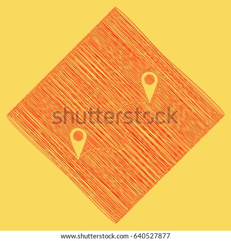Location pin navigation map, gps sign. Vector. Red scribble icon obtained as a result of subtraction rhomb and path. Royal yellow background.