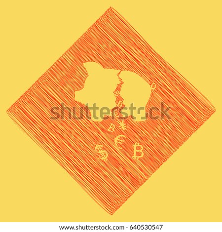 Pig money bank sign. Vector. Red scribble icon obtained as a result of subtraction rhomb and path. Royal yellow background.