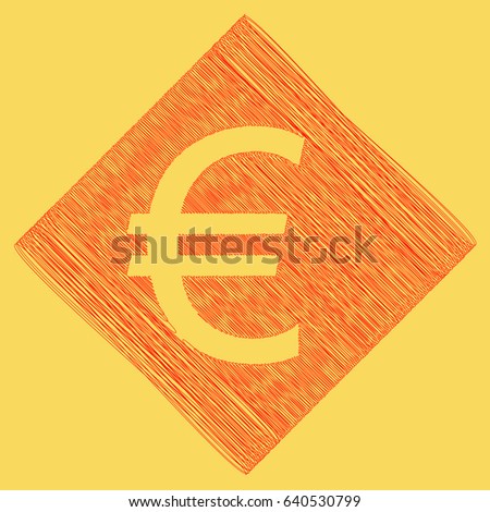 Euro sign. Vector. Red scribble icon obtained as a result of subtraction rhomb and path. Royal yellow background.