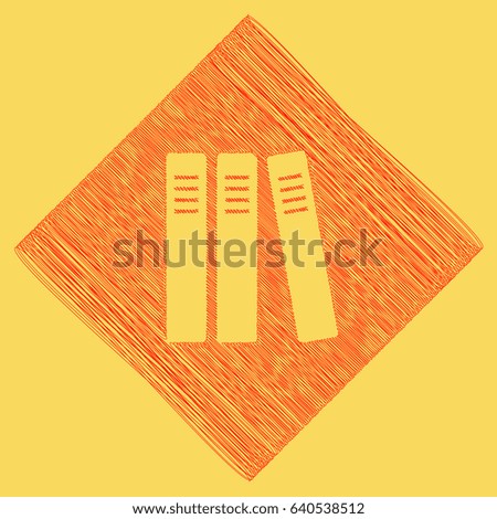 Row of binders, office folders icon. Vector. Red scribble icon obtained as a result of subtraction rhomb and path. Royal yellow background.