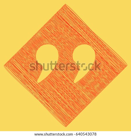 Quote sign illustration. Vector. Red scribble icon obtained as a result of subtraction rhomb and path. Royal yellow background.